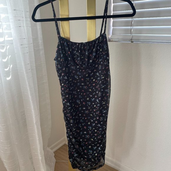 Floral Mesh Cinch Side Bodycon Mini Dress - Picture 1 of 5